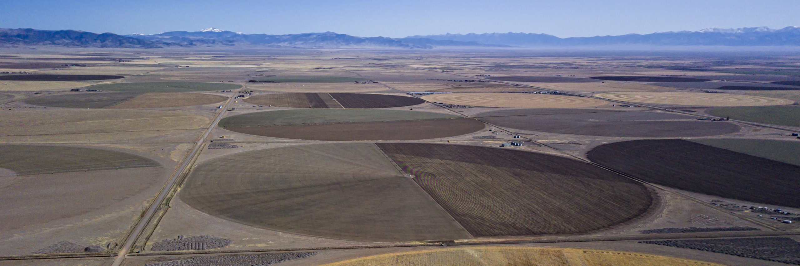 aerial view of irrigated crop circles in the San Luis Valley