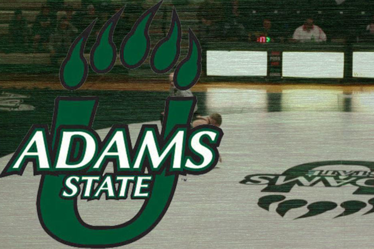 illustration of Adams State sports logo with wrestling mat in the background